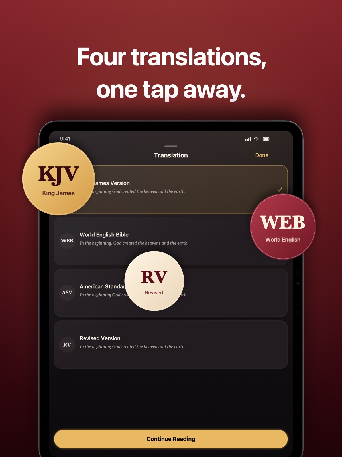 KJV, WEB, ASV, and RV translation picker